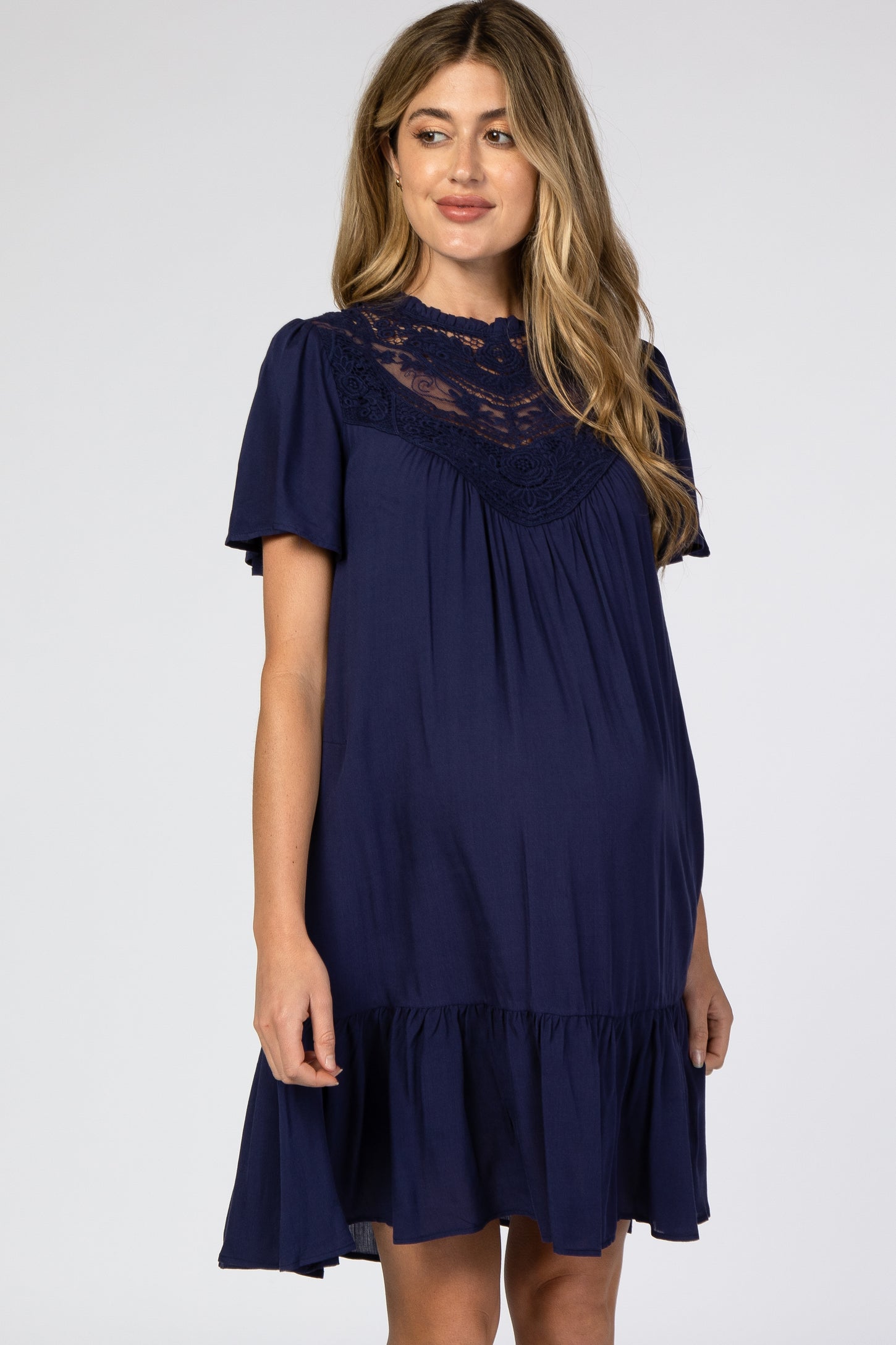 Navy Blue Crochet Front Ruffle Hem Maternity Dress– PinkBlush
