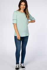 Mint Green Waffle Knit Button Sleeve Maternity Top