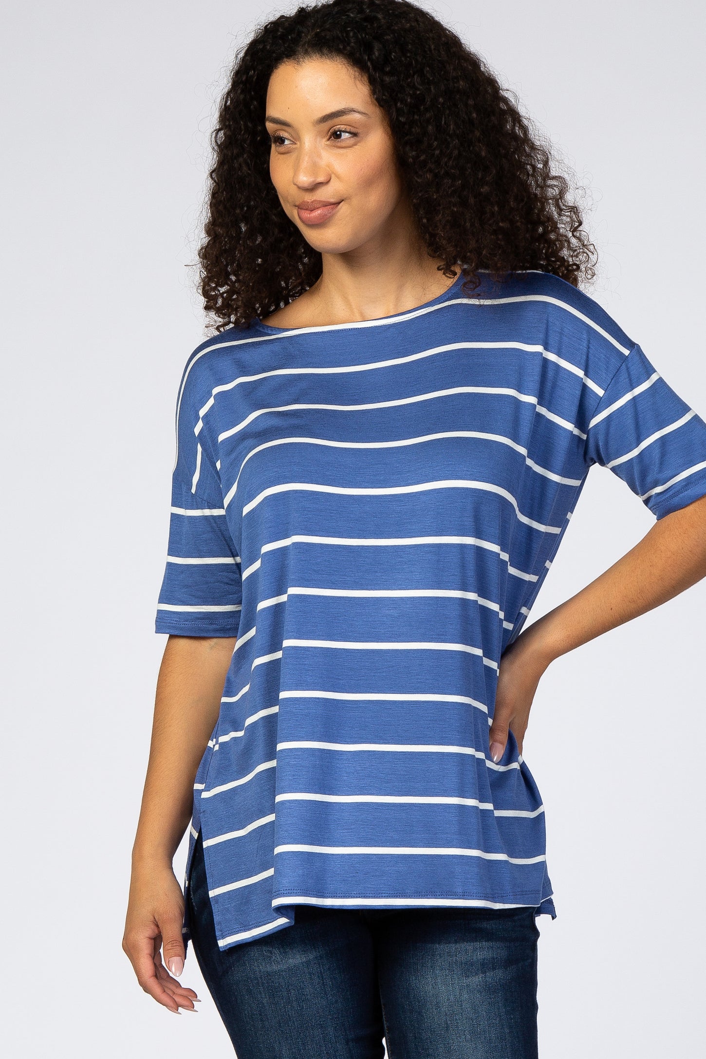 Blue Striped Short Sleeve Maternity Top