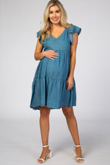 Blue Chambray Pleated Tier Ruffle Sleeve Maternity Dress