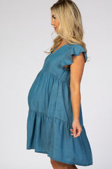 Blue Chambray Pleated Tier Ruffle Sleeve Maternity Dress