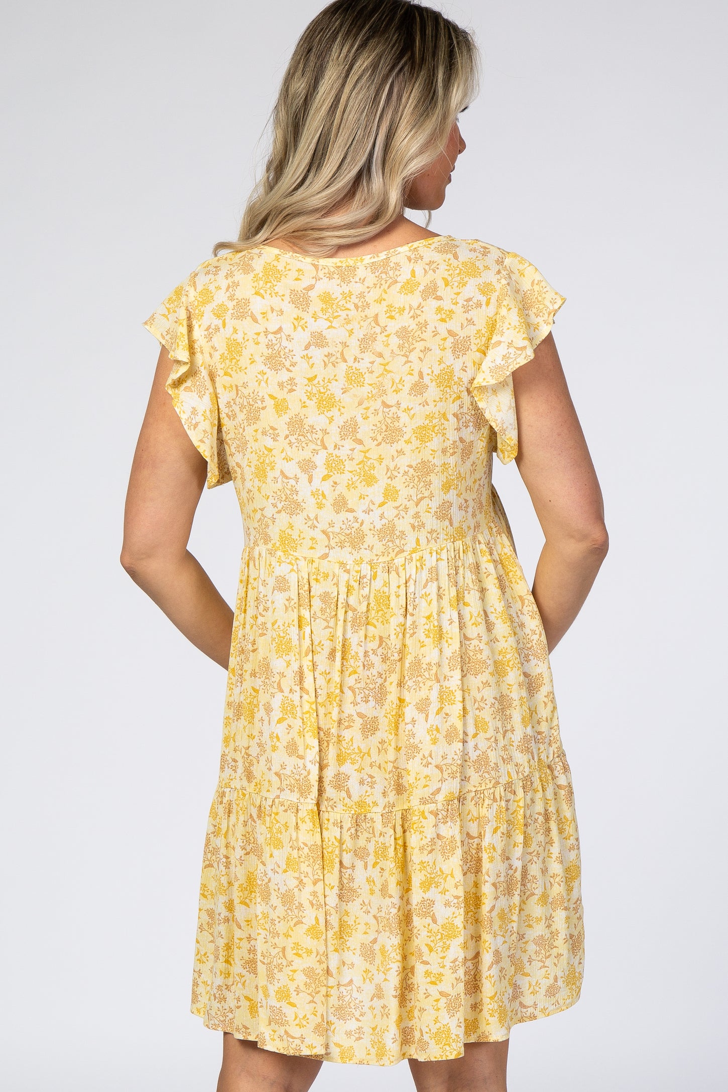 Yellow Floral Ruffle Sleeve Pleated Tier Maternity Mini Dress PinkBlush