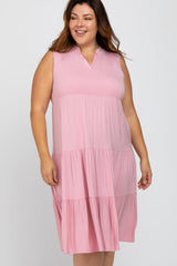 Pink Split Neck Tiered Plus Midi Dress