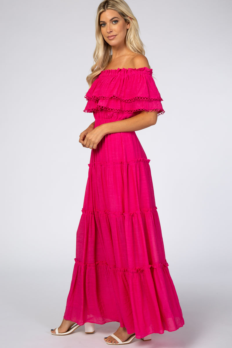 Fuchsia Eyelet Off Shoulder Tiered Maxi Dress– PinkBlush