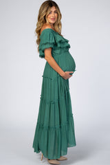 Green Off Shoulder Eyelet Tiered Maternity Maxi Dress