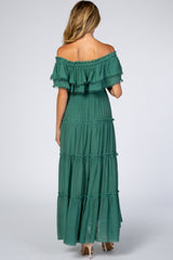 Green Off Shoulder Eyelet Tiered Maternity Maxi Dress