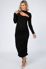 Black Fitted Ruched Cutout Neckline Maternity Midi Dress