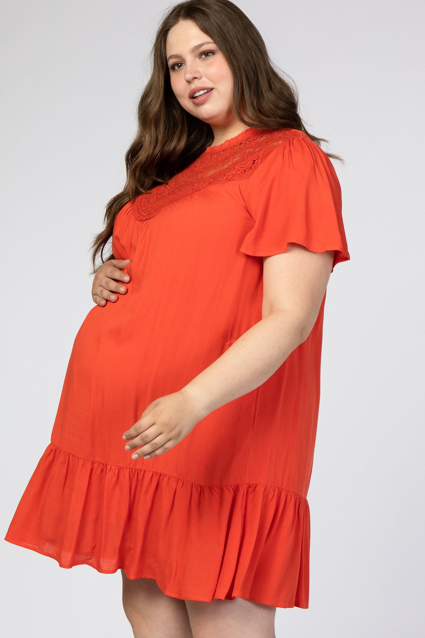 Orange Red Crochet Front Ruffle Hem Maternity Plus Dress