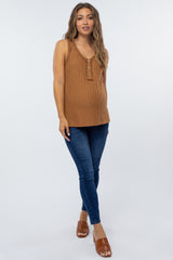 Camel Sleeveless Knit Button Accent Maternity Top