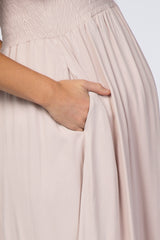 Light Pink Smocked Flounce Sleeve Maternity Midi Dress