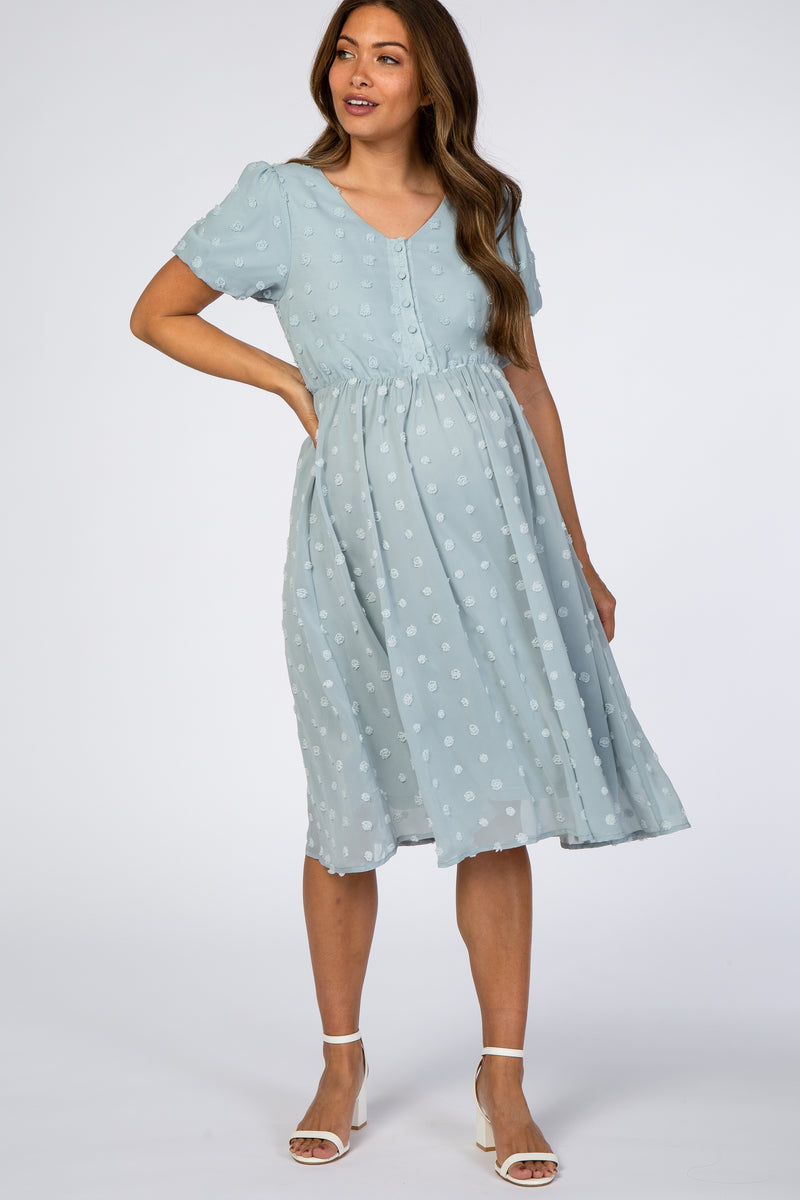 Blue Swiss Dot Maternity Midi Dress– PinkBlush