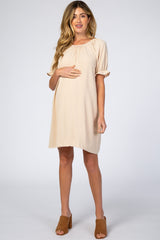 Beige Short Ruffle Sleeve Maternity Dress