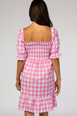 Pink Gingham Print Puff Sleeve Dress