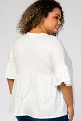 White Button Front Tulip Sleeve Babydoll Maternity Plus Top