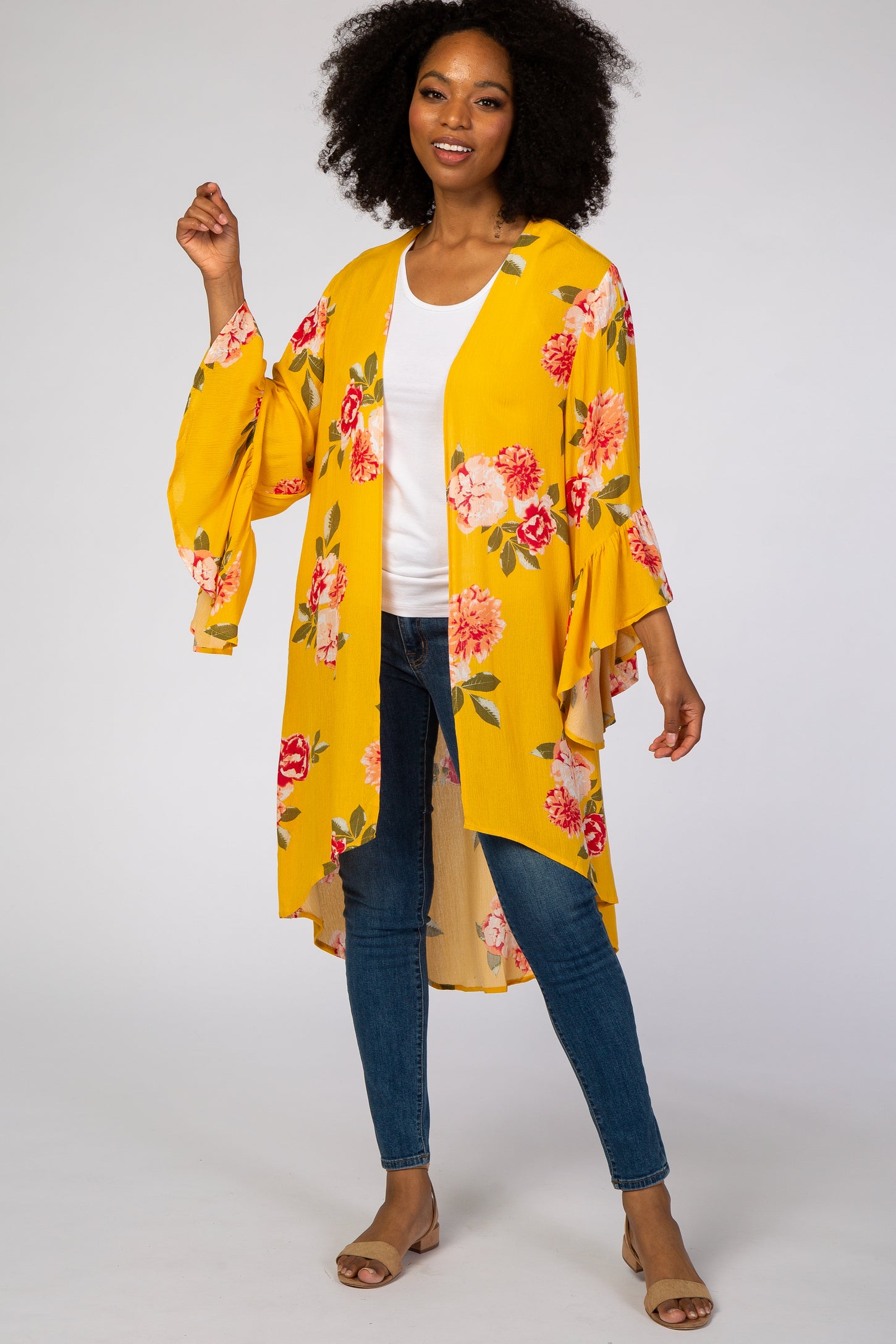 Yellow Floral Long Sleeve Maternity Cover Up