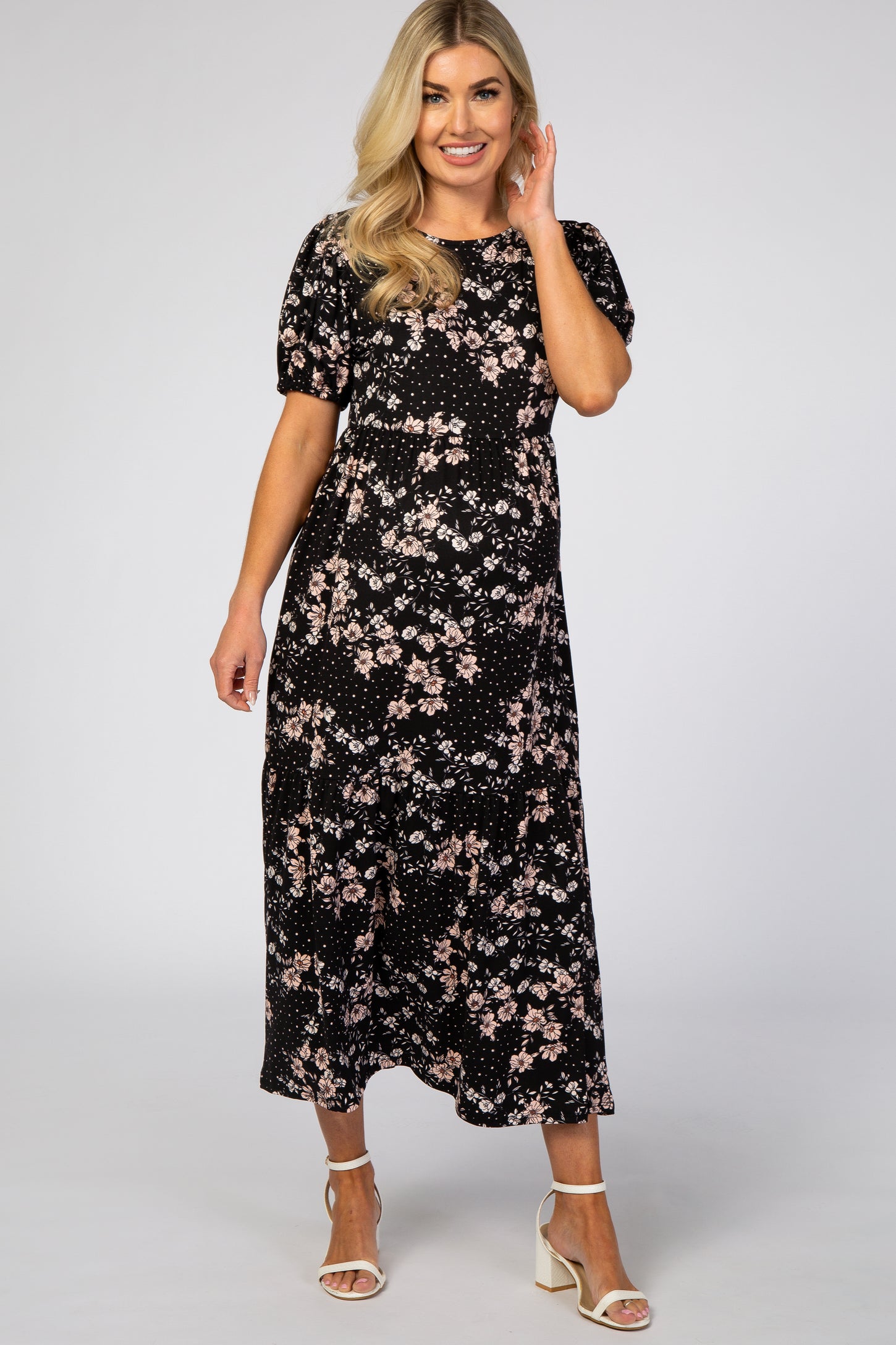 Black Floral Empire Waist Ruffle Hem Maternity Midi Dress– PinkBlush