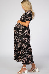Black Floral Empire Waist Ruffle Hem Maternity Midi Dress