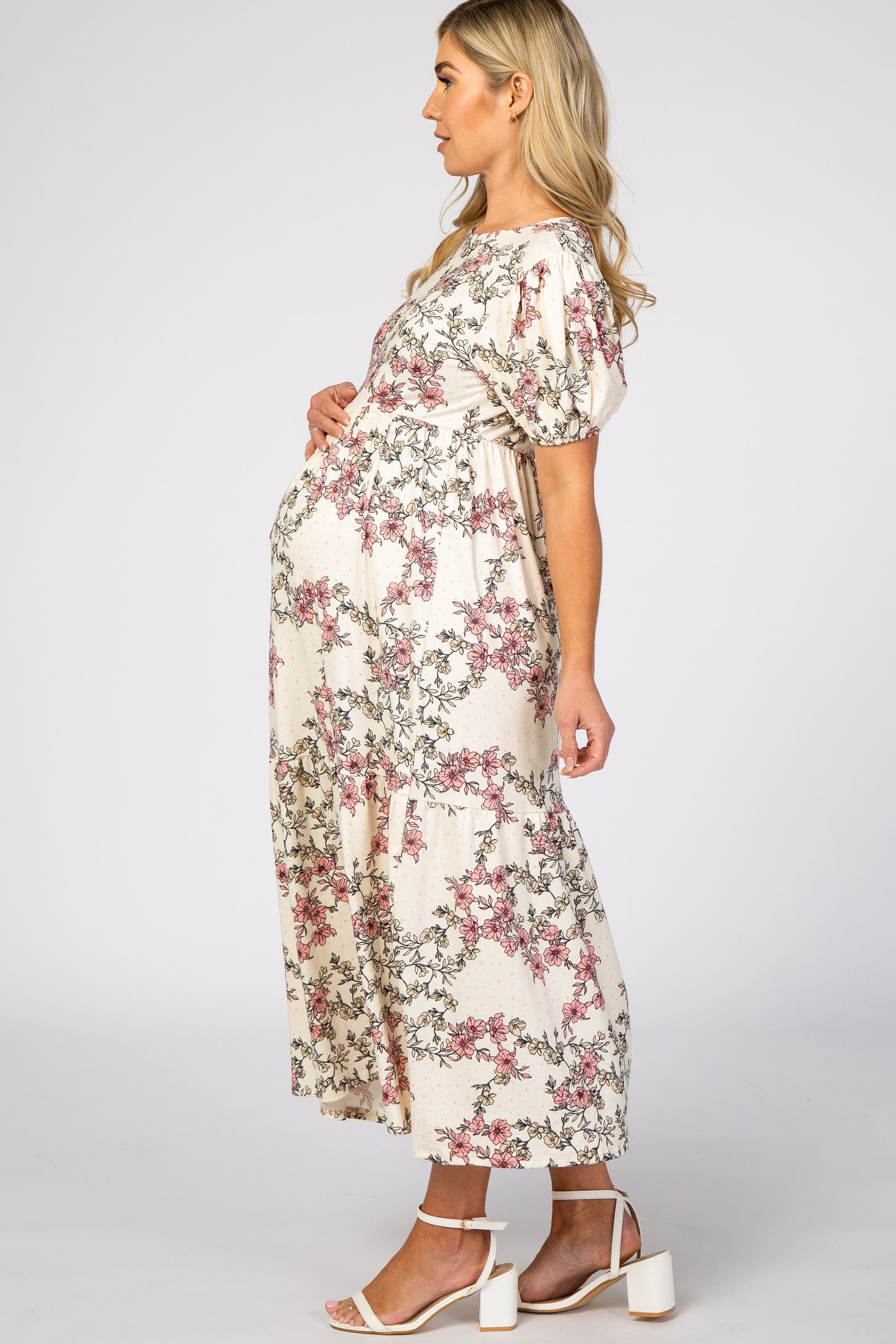 Ivory Floral Empire Waist Ruffle Hem Maternity Midi Dress