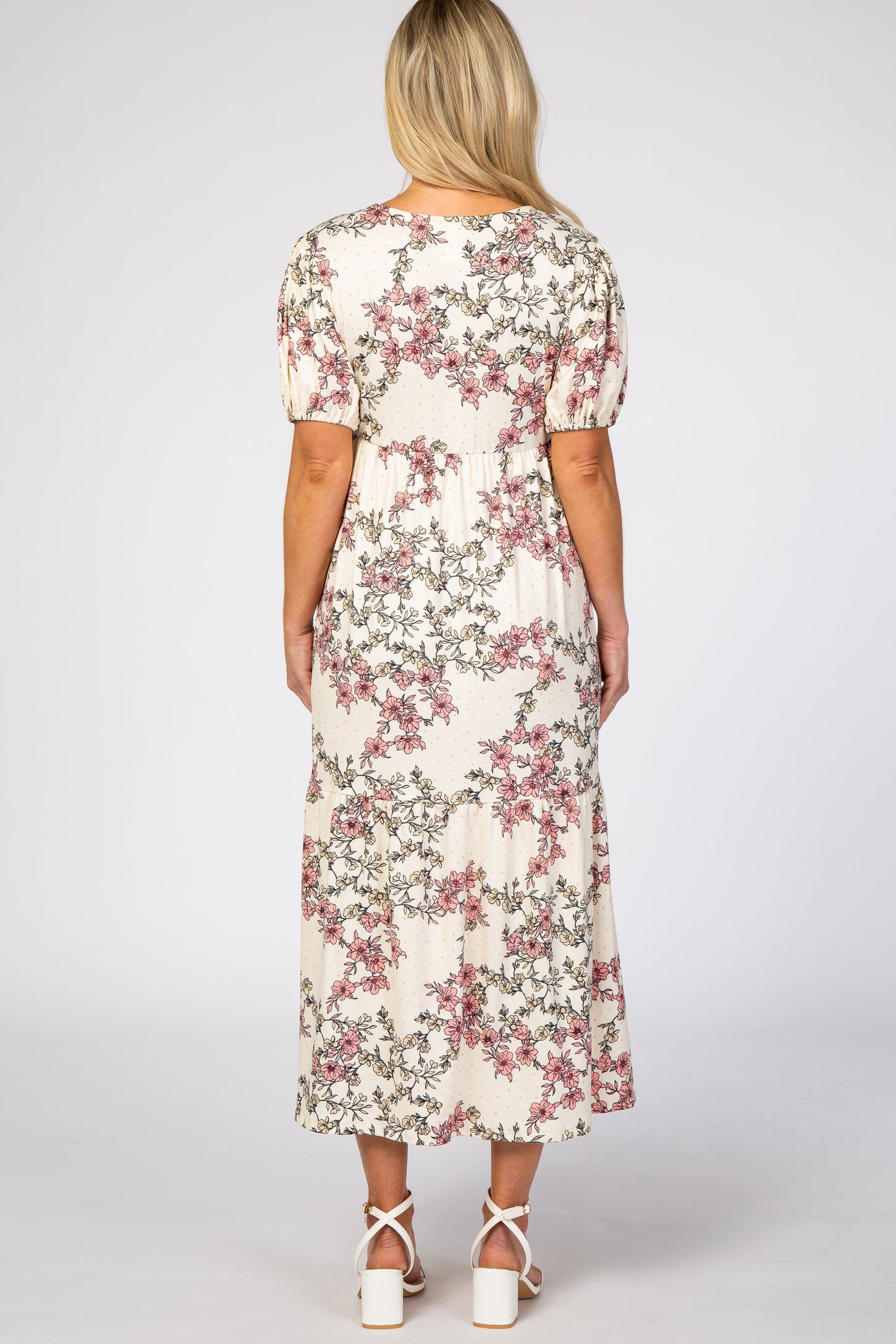 Ivory Floral Empire Waist Ruffle Hem Maternity Midi Dress– PinkBlush