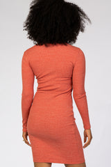 Rust Ribbed Mock Neck Fitted Dress