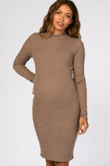 Taupe Ribbed Mock Neck Fitted Maternity Dress