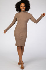 Taupe Ribbed Mock Neck Fitted Maternity Dress