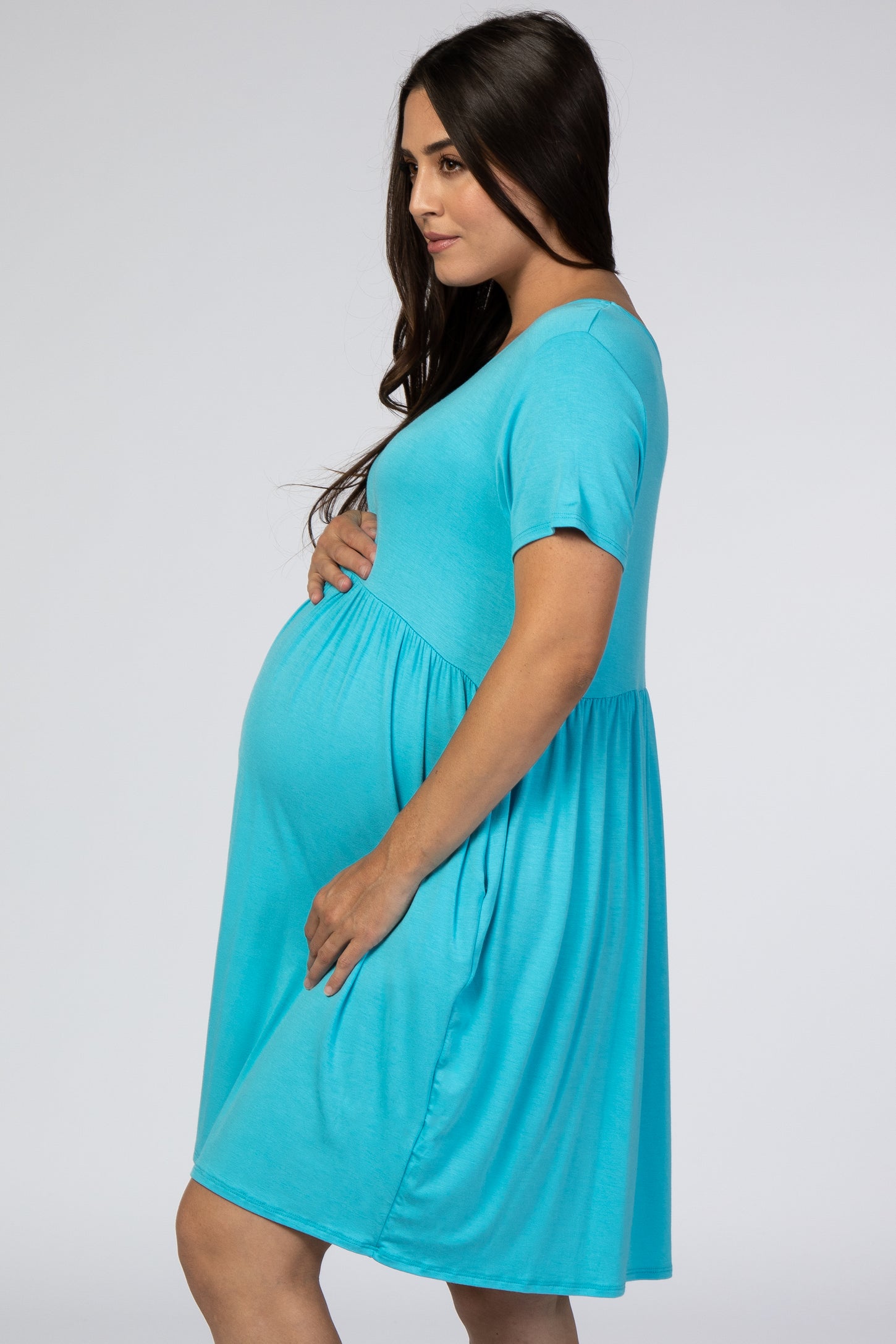 Blue Short Sleeve Babydoll Maternity Dress