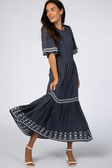 Navy Textured Embroidered Maxi Dress