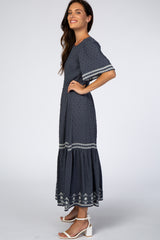 Navy Textured Embroidered Maxi Dress
