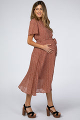 Rust Leaf Print Pleated Maternity Midi Dress
