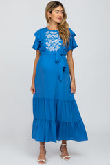 Blue Floral Embroidered Maternity Maxi Dress