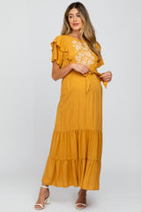 Yellow Floral Embroidered Maternity Maxi Dress