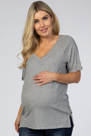 Heather Grey Ribbed V-Neck Hi-Low Maternity Top