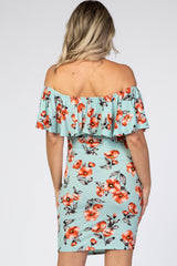 Mint Green Floral Ruffle Off Shoulder Fitted Maternity Dress