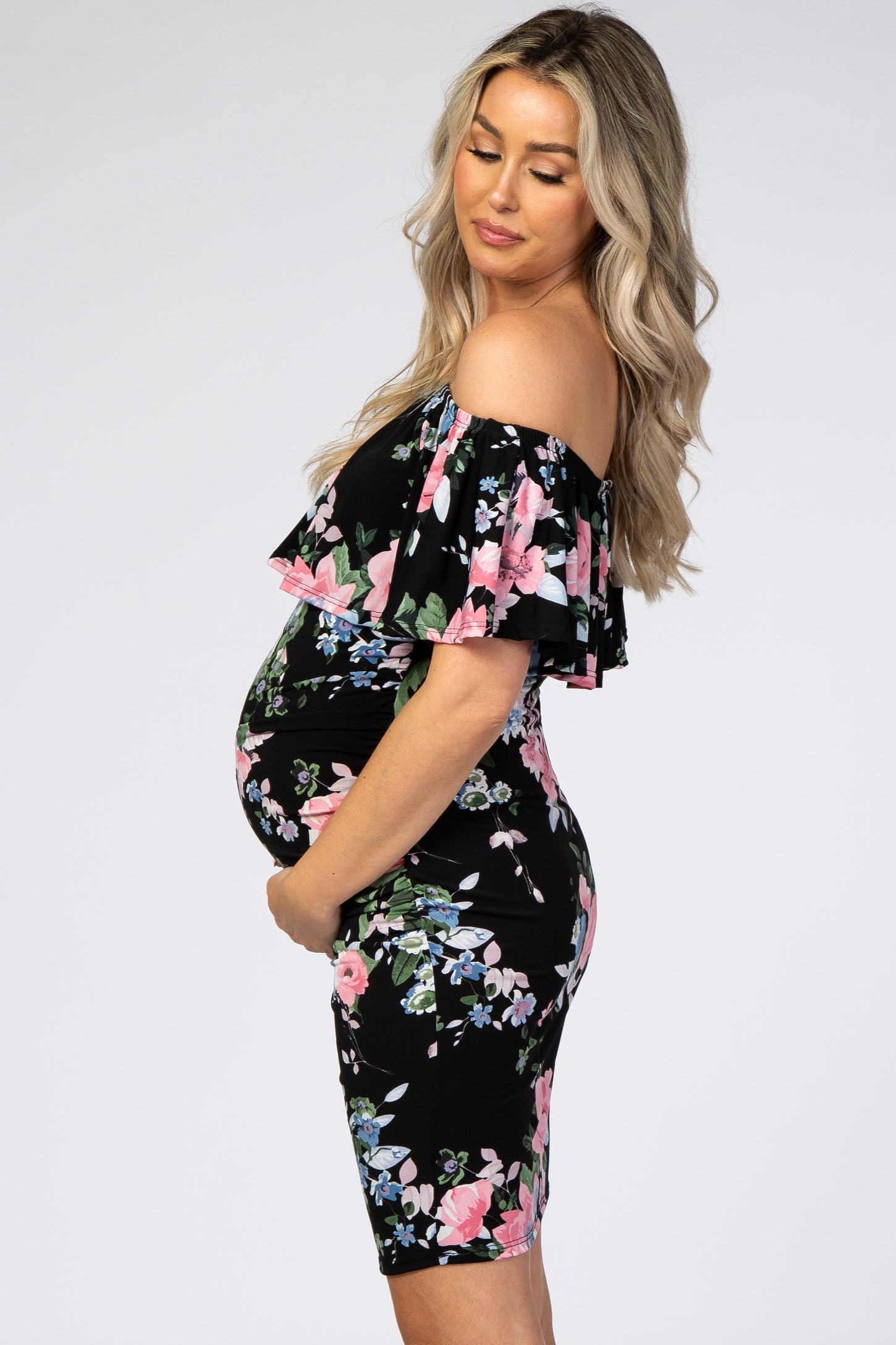 Black Floral Ruffle Off Shoulder Fitted Maternity Dress