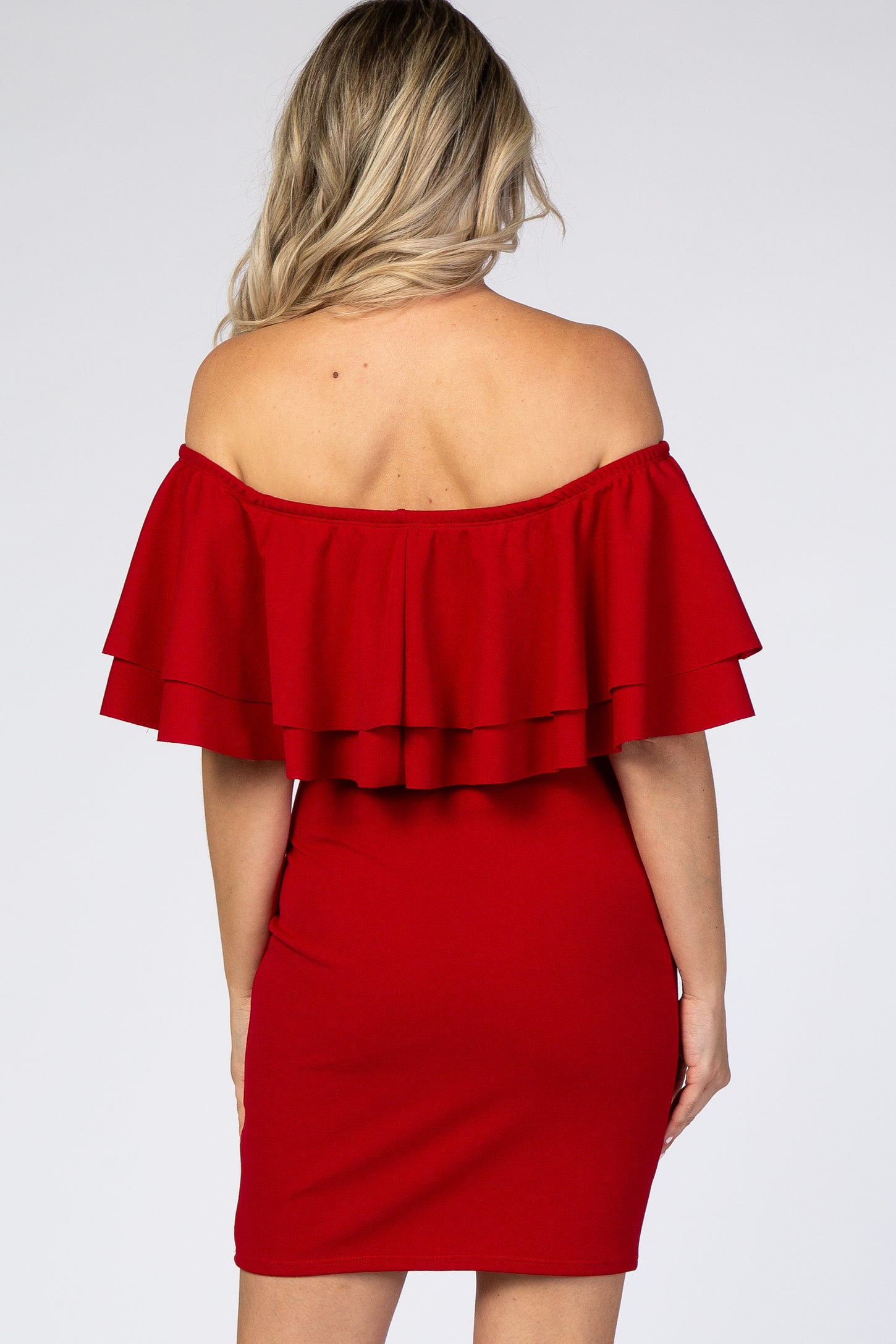 Red Double Layer Ruffle Off Shoulder Maternity Dress