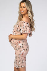 Light Pink Floral Ruffle Off Shoulder Fitted Maternity Dress