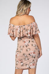 Light Pink Floral Ruffle Off Shoulder Fitted Maternity Dress