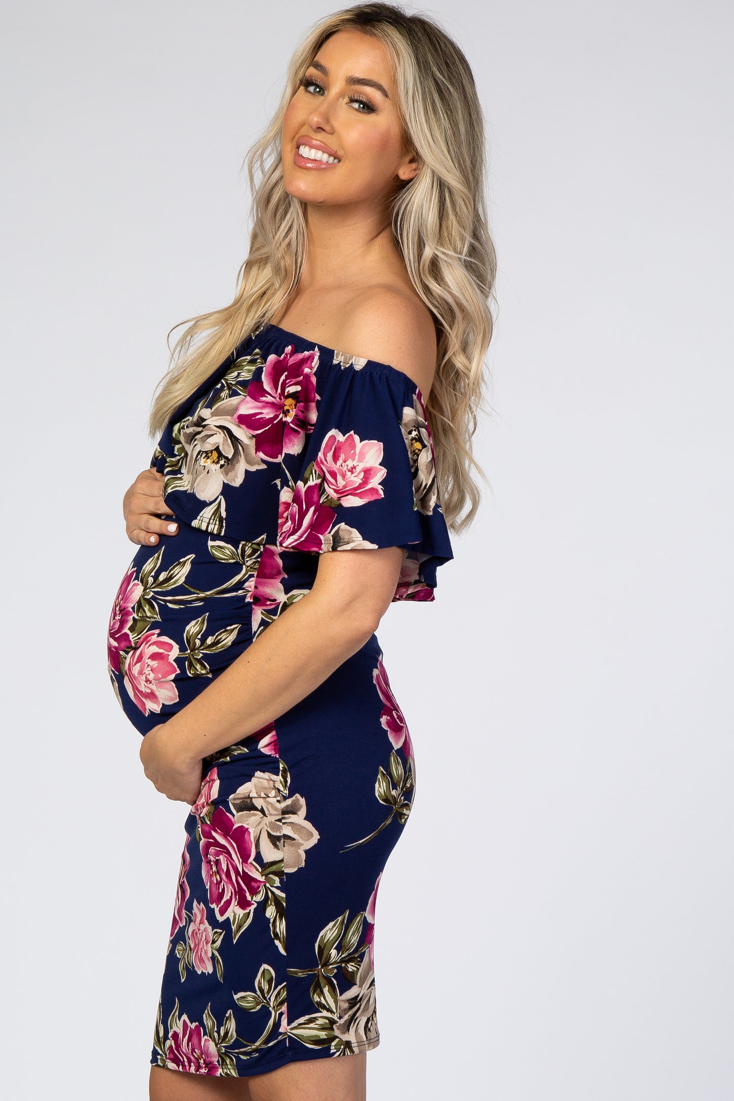 Navy Floral Ruffle Off Shoulder Fitted Maternity Dress