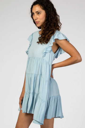 Light Blue Swiss Dot Tiered Babydoll Dress