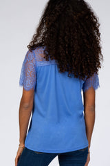 Blue Lace Sleeve V Neck Top