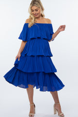 Royal Blue Pleated Tiered Off Shoulder Maternity Midi Dress