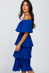 Royal Blue Pleated Tiered Off Shoulder Midi Dress