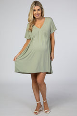 Light Olive V-Neck Dolman Maternity Dress