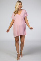 Pink V-Neck Dolman Maternity Dress