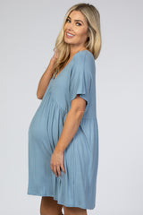 Blue V-Neck Dolman Maternity Dress