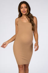 Beige Sleeveless Ribbed Fitted Maternity Dress