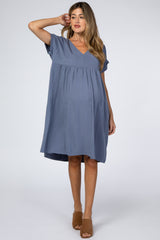 Blue Rolled Cuff Maternity Dress