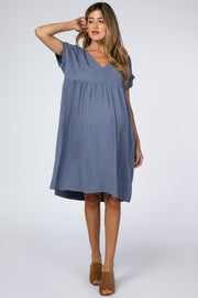 Blue Rolled Cuff Maternity Dress
