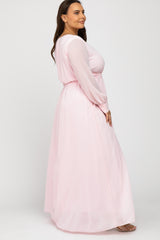 Light Pink Chiffon Long Sleeve Pleated Plus Maxi Dress